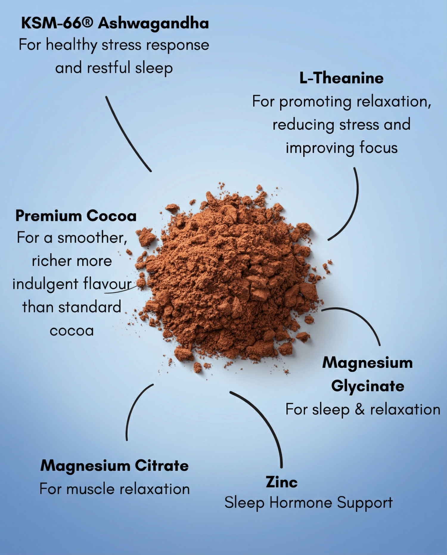 Infographic detailing the benefits of KSM-66 Ashwagandha, L-Theanine, Premium Cocoa, Magnesium Glycinate, Magnesium Citrate, and Zinc on health.